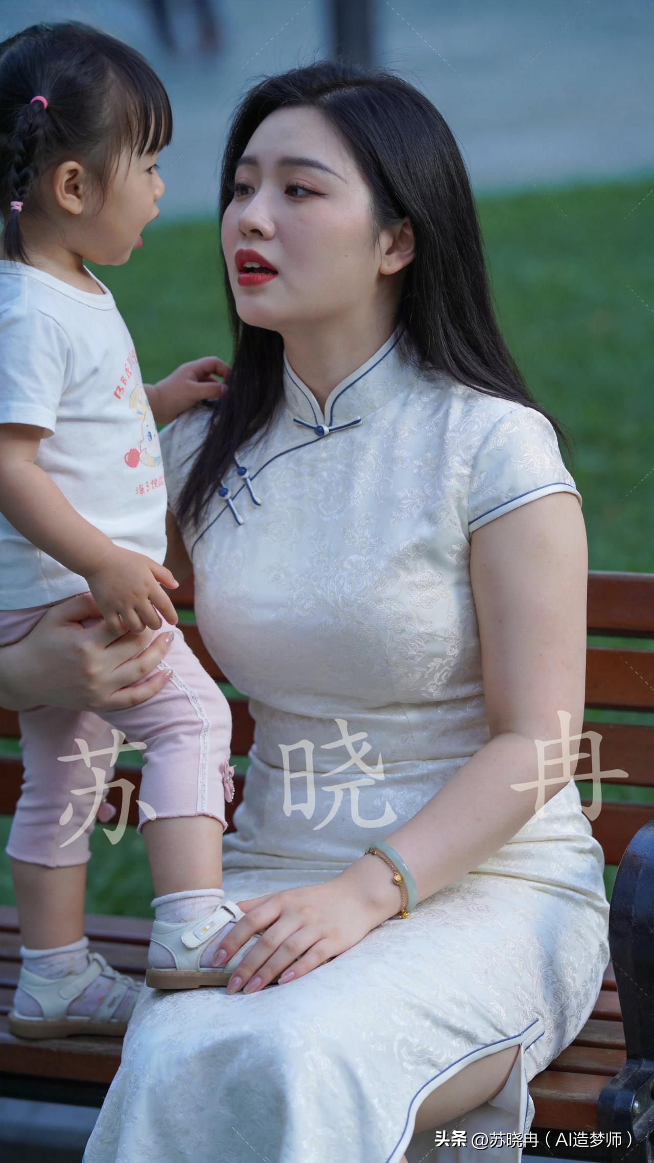 刚穿上新旗袍想美美的拍个照，结果娃直接一脚踩我雪白的裙摆上！
当时火一下就上来了