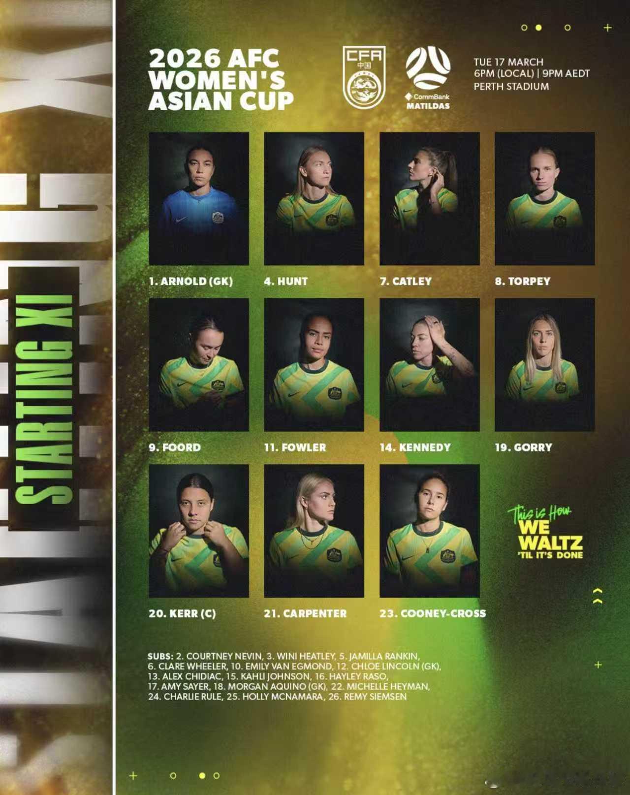 Cooney-Cross先发，Catley回归，这比赛有看头。女足亚洲杯