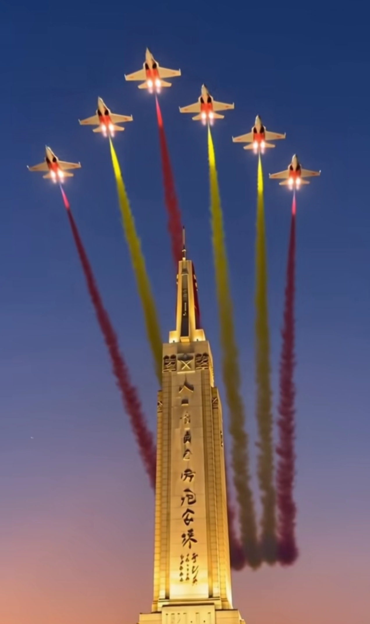 八一建军节航空工业洪都发了一个AI视频，里面有一个镜头是猎鹰编队飞跃八一南昌起义
