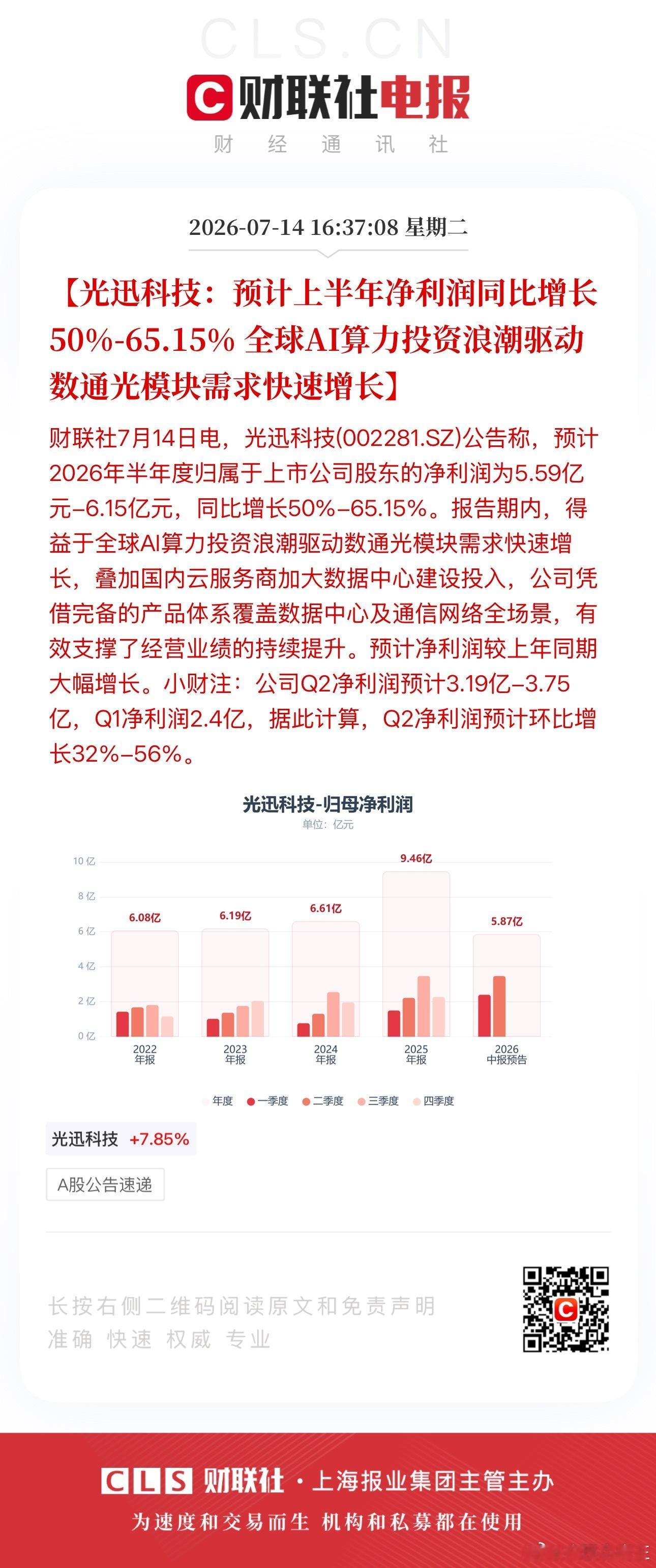 剑桥科技：上半年净利同比预增157%-197% 高速光模块业务显著增长光迅科技：