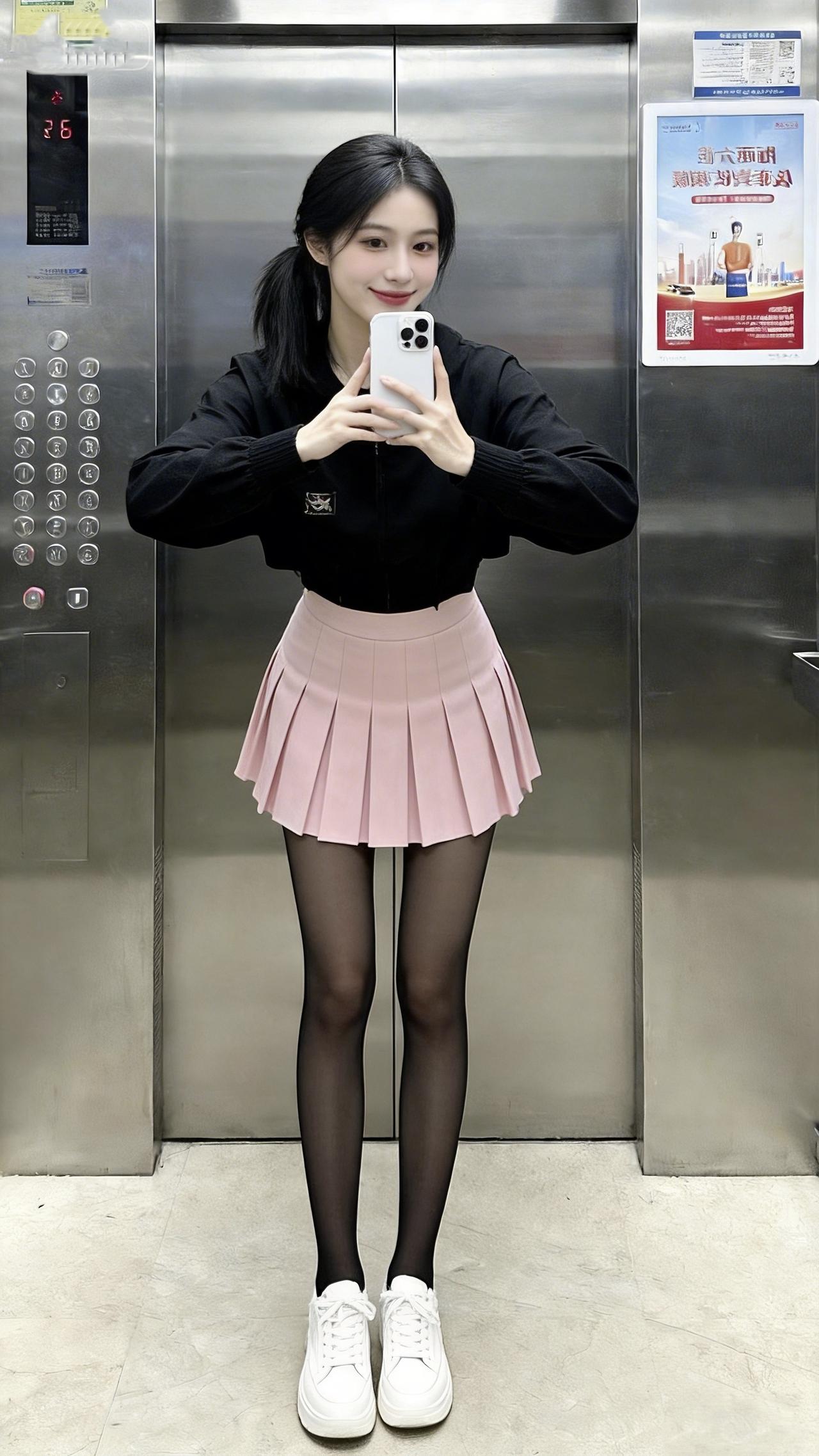 黑配粉，很销魂！这身穿搭就问你好不好看？我的春日甜美ootd 黑丝搭配 粉色百褶