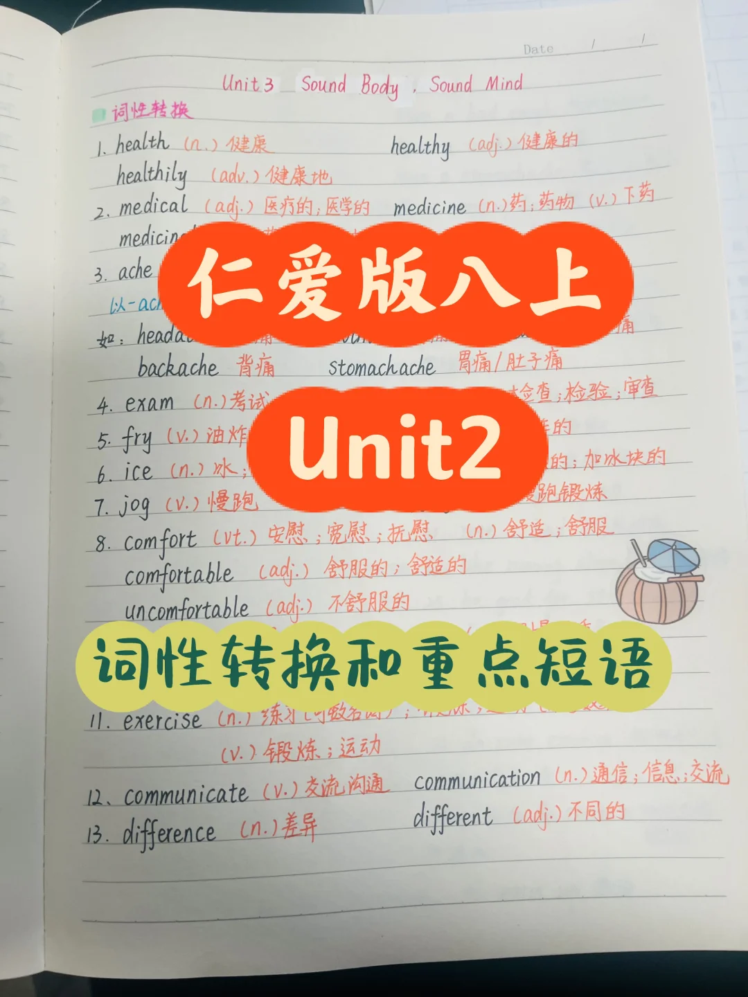 仁爱版八上Unit3单词词性转换及重点短语