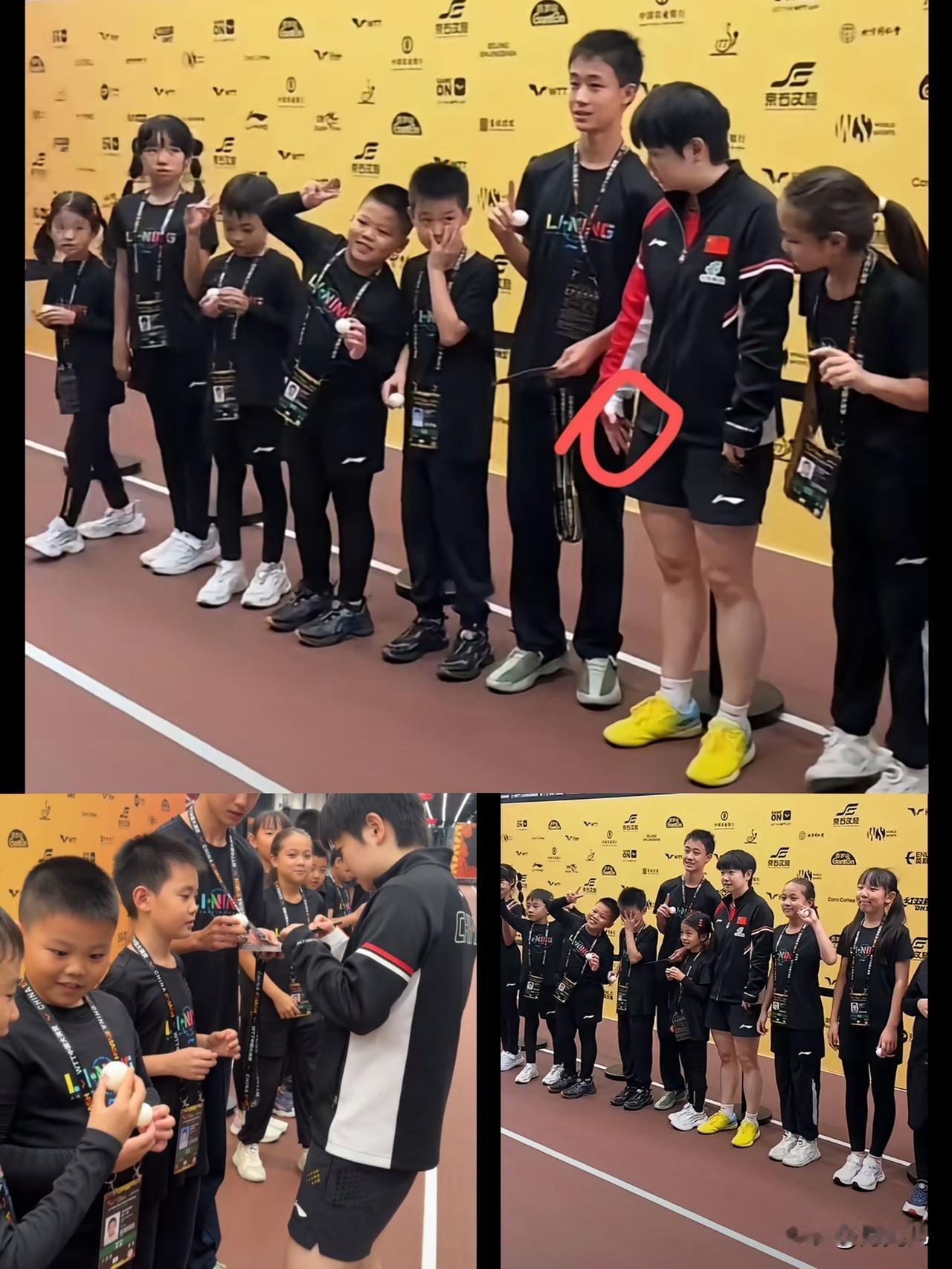 莎莎太暖了，是青少年的榜样
在结束女单半决赛后，
孙颖莎和小球童们以及青少年参赛