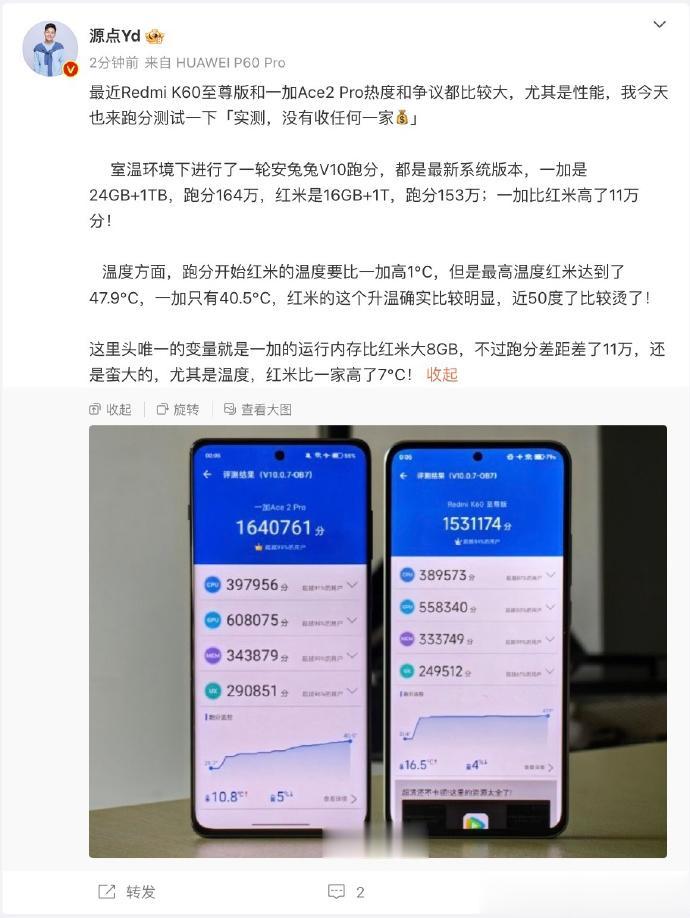 这么多博主测试了一加Ace2 Pro和红米K60至尊版的跑分，结果全都是分数更低