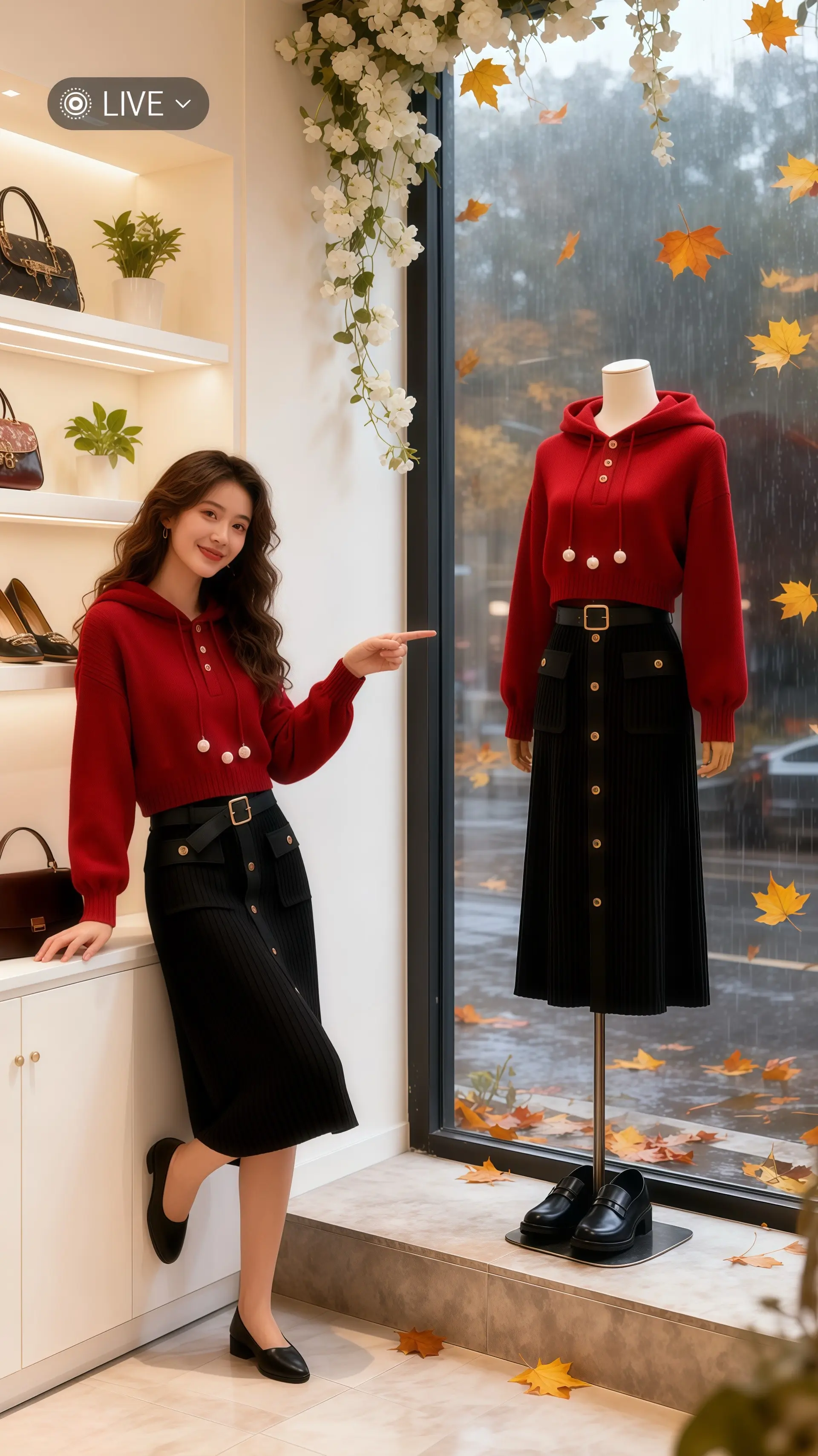 她穿着秋季新款时尚连帽卫衣两件套，红色卫衣的活力与黑色半身裙的优雅碰撞...