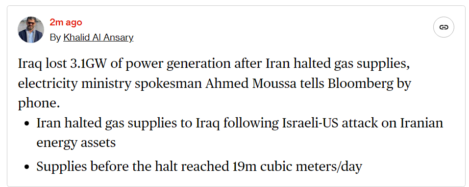 🔻伊拉克电力部发言人艾哈迈德·穆萨通过电话向彭博社表示，伊朗停止天然气供应后，
