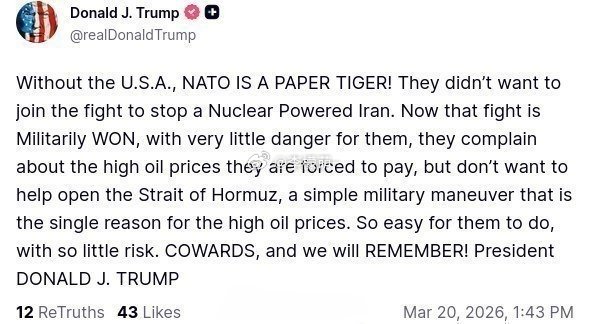 特朗普发帖怒斥北约盟友:“没有美国，北约就是纸老虎！他们不愿加入阻止伊朗发展核武