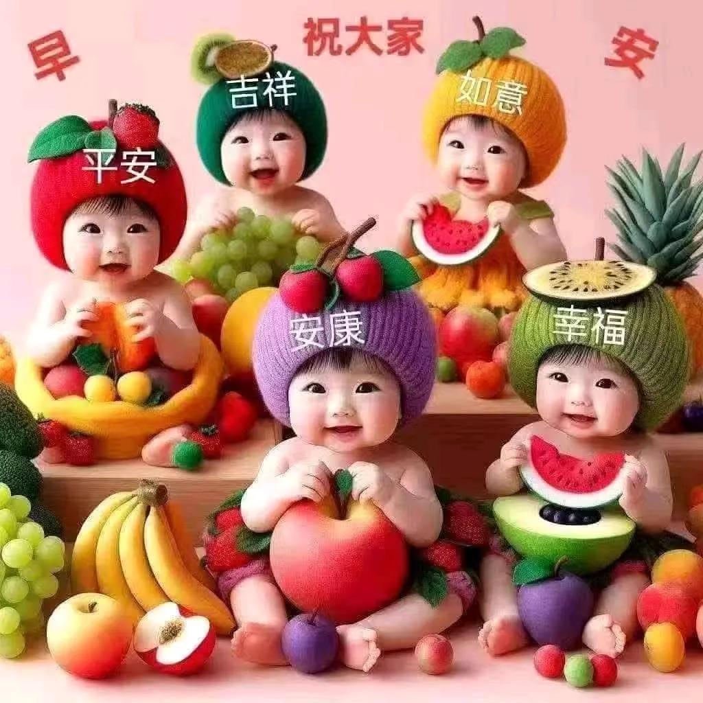 萌娃与水果的欢乐盛宴，祝福大家平安吉祥，幸福安康！🍇🍎🍓🍌🍉