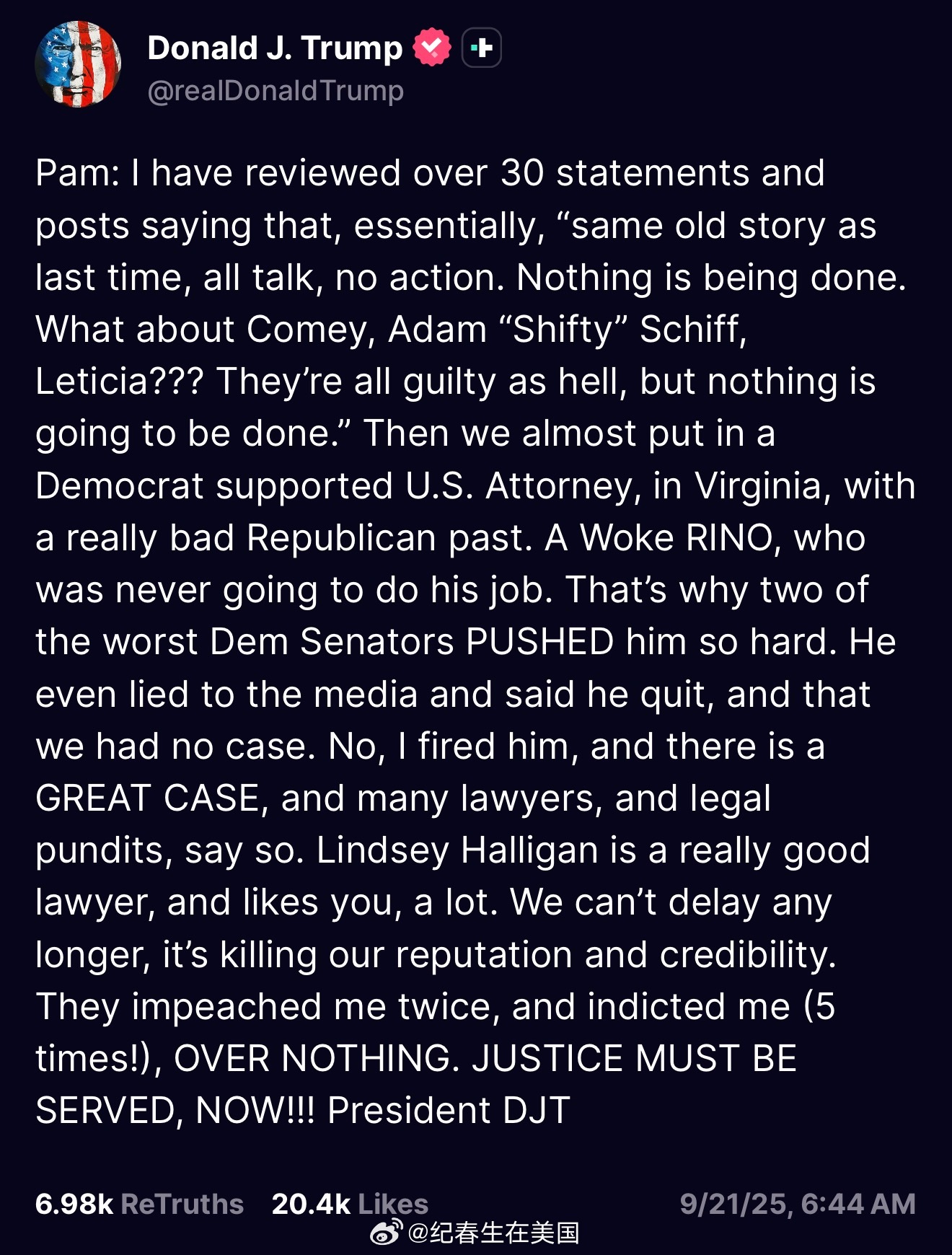 川普对司法部长Bondi打击民主党政治对手不力拖拖拉拉、干说不动表示不满，并极力