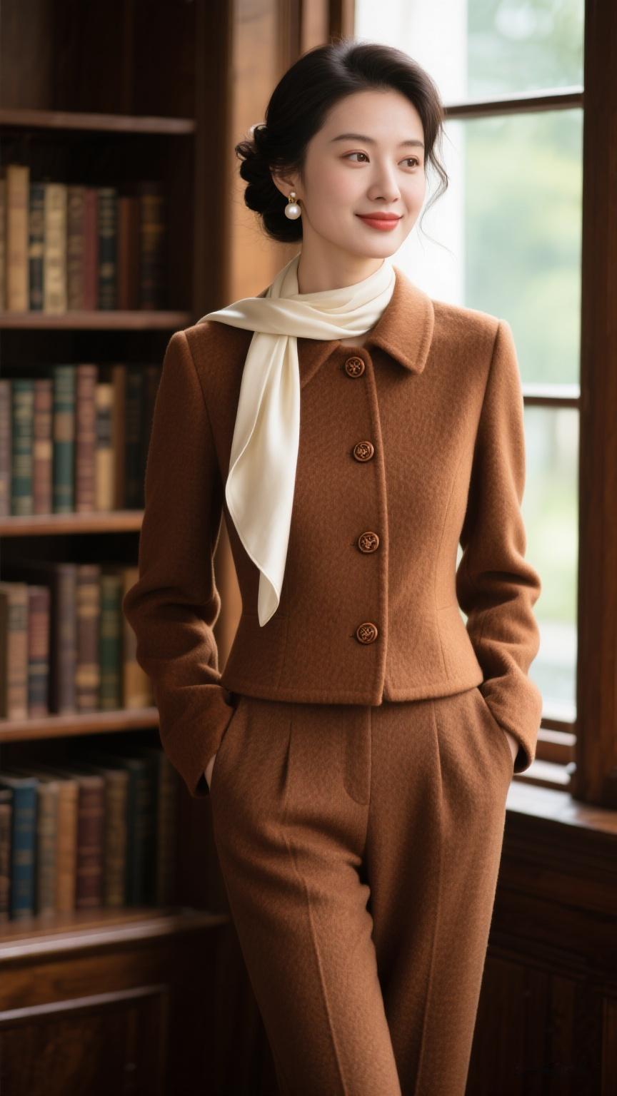 女子盘发垂碎发，焦糖色毛呢套装搭米白丝巾，珍珠耳环点缀，立复古书架前，自然光衬出