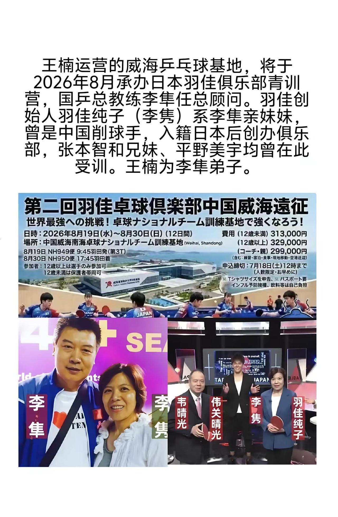 王楠&羽佳俱乐部。羽佳乒乓球俱乐部中国集训计划2025年就已经公开过计划了。20