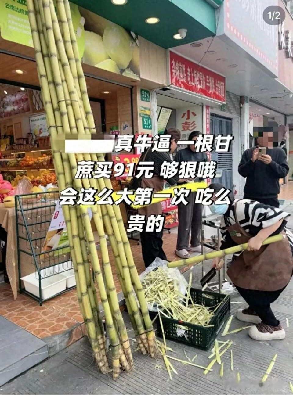 上海一消费者称花91元买一根甘蔗，商家：
系绿皮甘蔗，9.9元一斤，
口感更软嫩