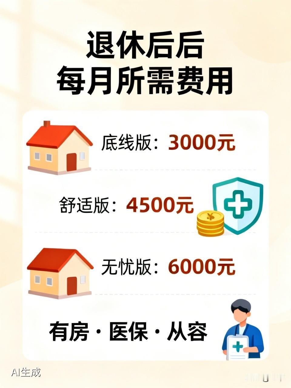 底线版，每月3000元，有房，有医保，能稳稳过日子。

舒适版，每月4500元，