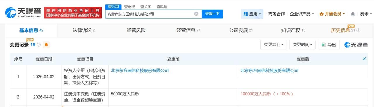 东方国信旗下内蒙古科技公司增资至10亿 增幅100%

天眼查App显示，近日，