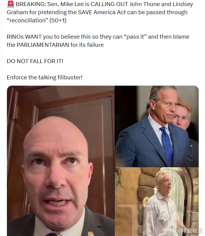 参议员迈克·李正公开点名批评约翰·图恩和林赛·格雷厄姆，指责他们假装《拯救美国法