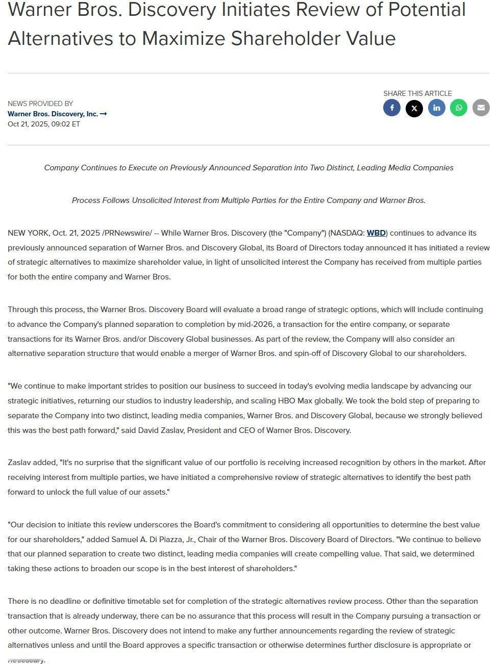 华纳兄弟影业宣布已正式考虑收购提议。将针对整体或部分业务的出售事宜启动「战略替代