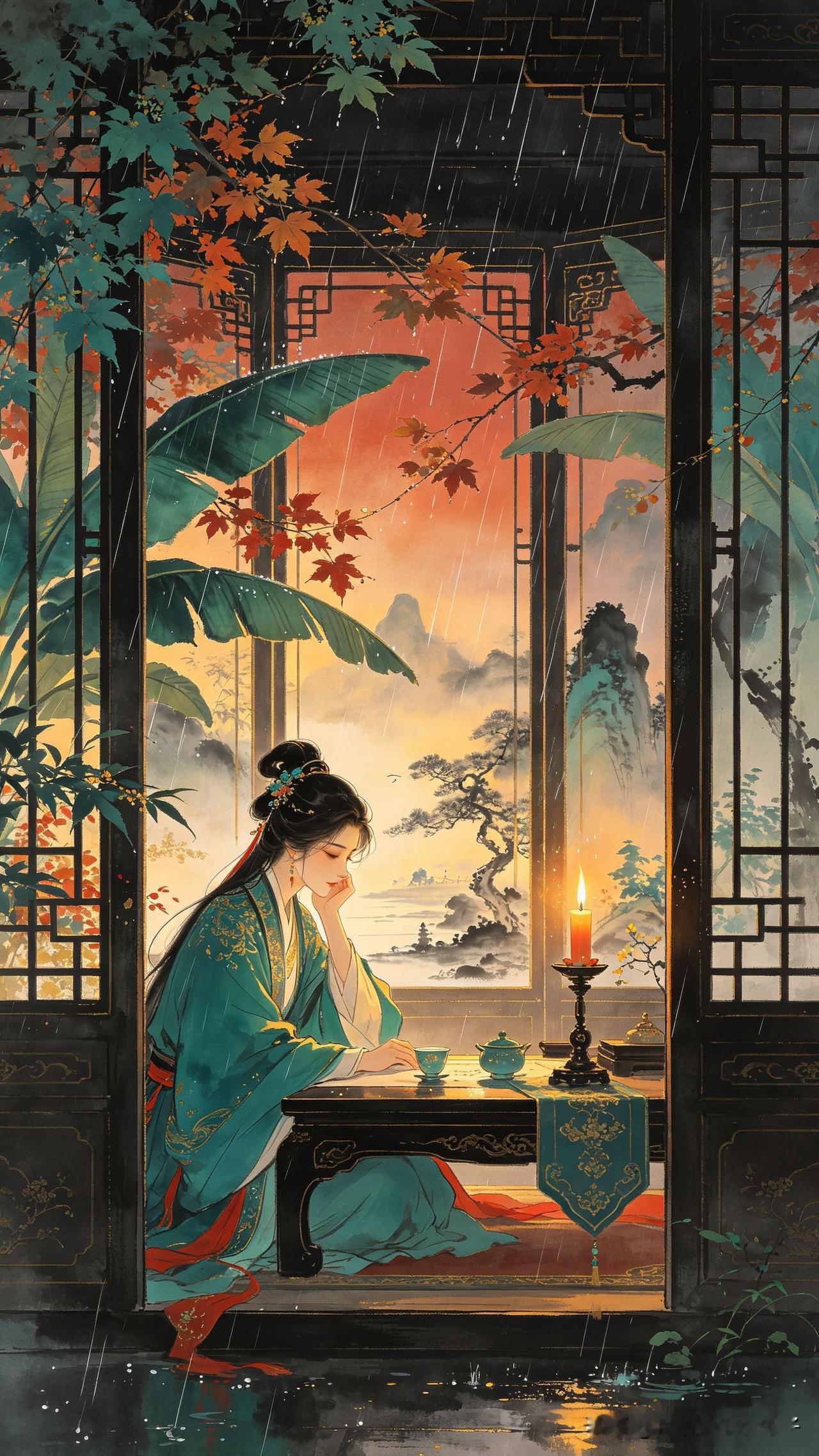 黄昏独自对残卮，
冷雨敲窗酒醒时。
一寸柔肠千万结，
         
………