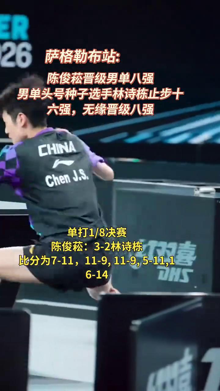 萨格勒布站：陈俊菘晋级男单八强。
男单头号种子选手林诗栋止步十六强，无缘晋级八强