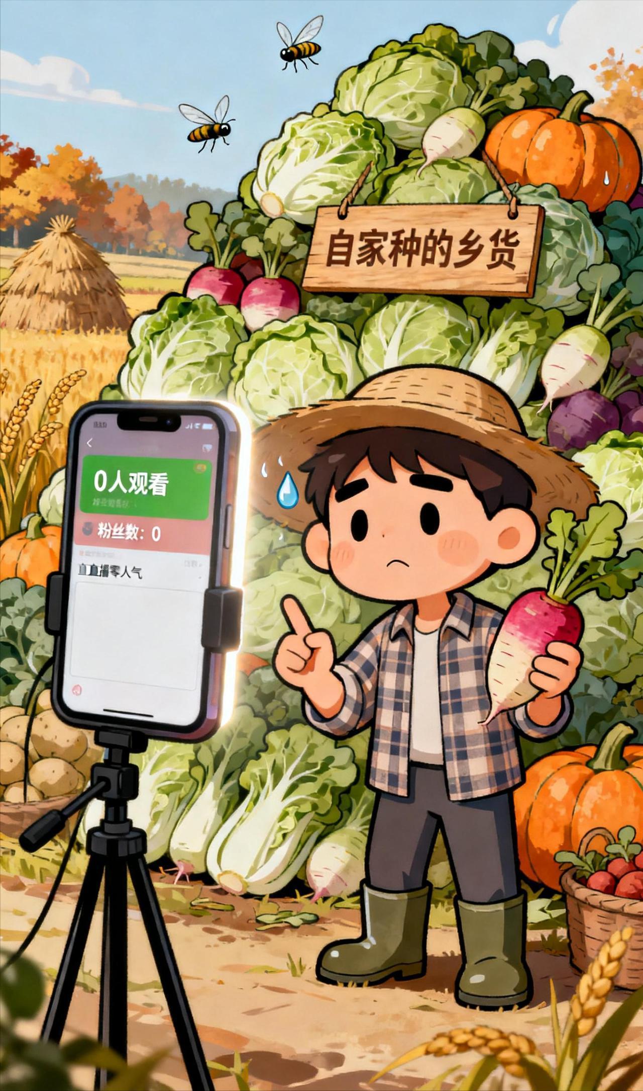 春种一粒谷，秋囤半仓蔬，直播卖乡货，零粉少人望!
“春种” 对 “秋囤”，“一粒