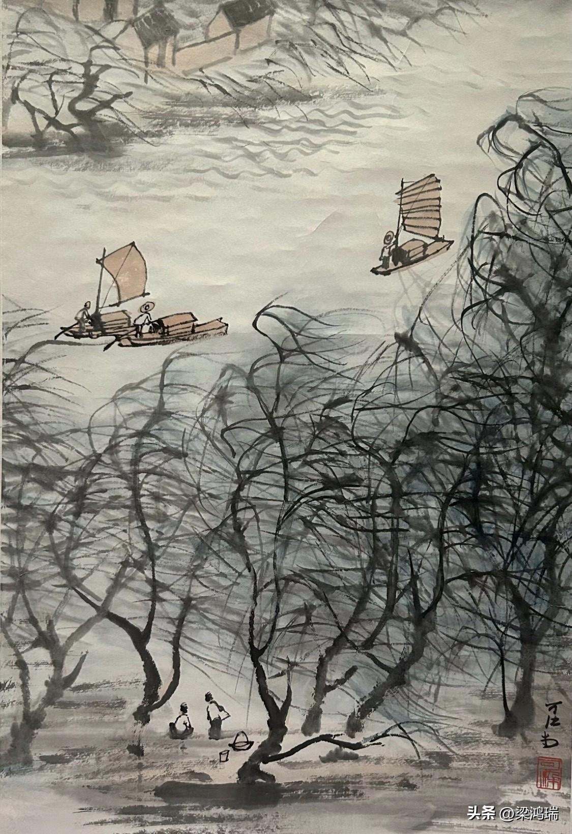这幅《江南水乡》是李可染于1960年创作的纸本水墨设色画，现藏于中国美术馆。作品