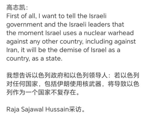 高志凯教授：如果以色列敢动用核武器，那么以色列整个国家都将不复存在。

其实这句