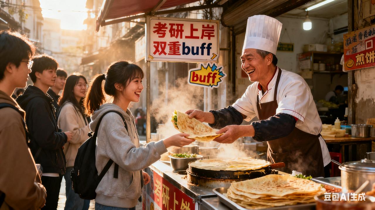 “姑娘，要个‘考研上岸’版煎饼不？薄脆给你夹双份，象征‘双重buff’！”巷口煎