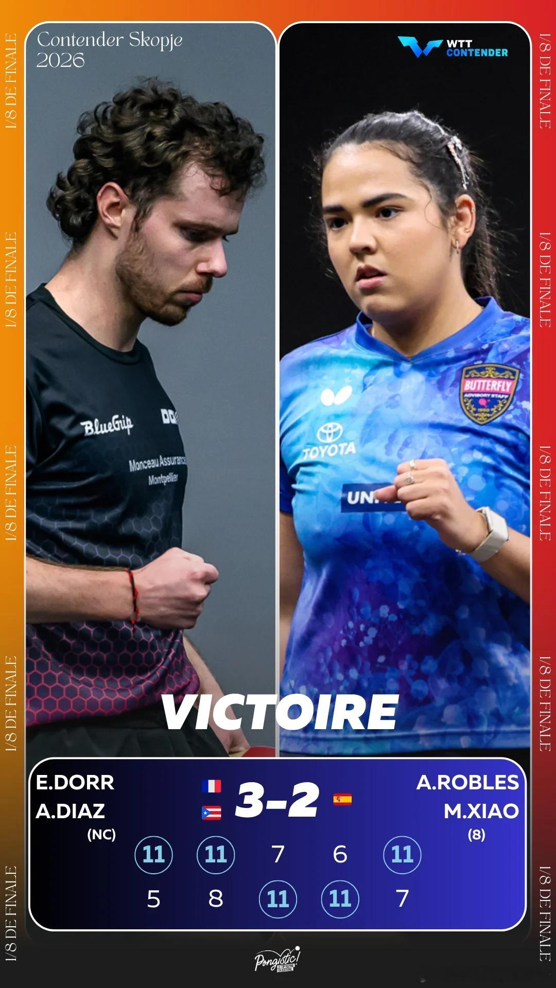 WTT常规挑战赛斯科普里站2026 混双R16:🇵🇷迪亚兹/🇫🇷多尔3比