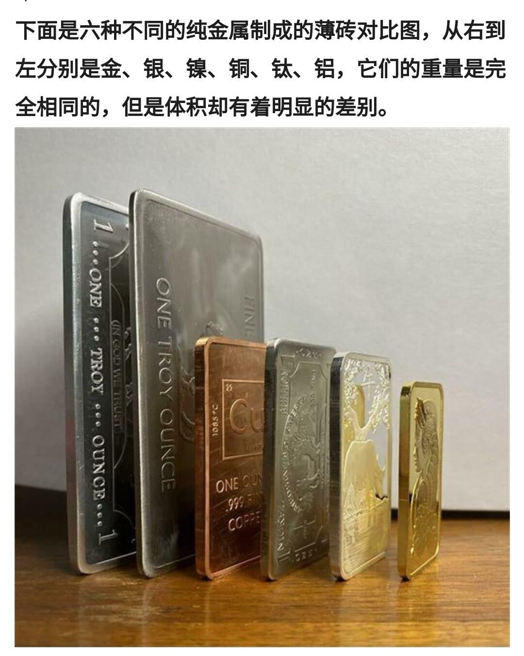 下面是六种不同的纯金属制成的薄砖对比图，从右到左分别是金、银、镍、铜、钛、铝