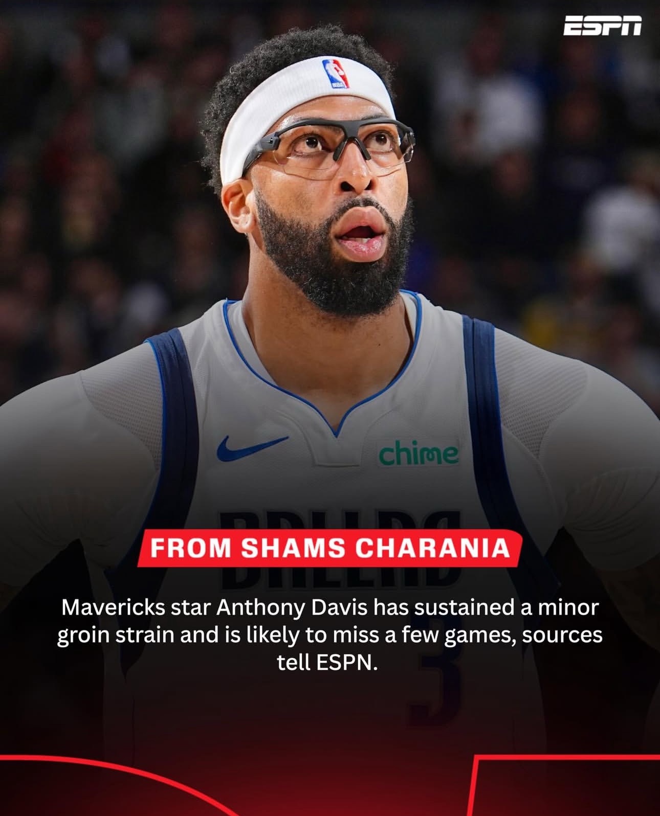又伤了！据Shams报道，安东尼·戴维斯￼遭遇腹股沟轻微拉伤，可能将缺席几场比赛