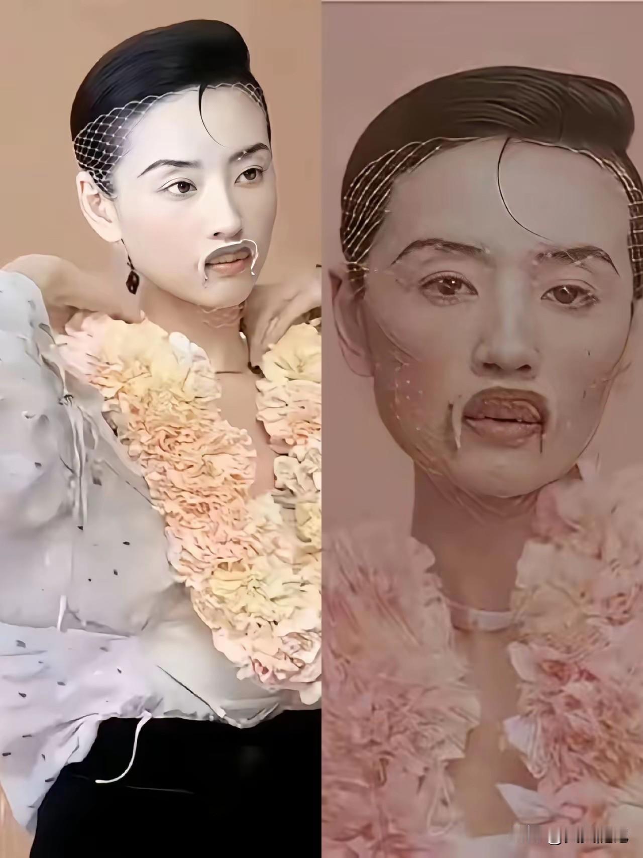 说实话，我真看傻了。
这什么造型啊？
鼻子上挂个环，跟牛似的。
下巴还贴一撮“胡