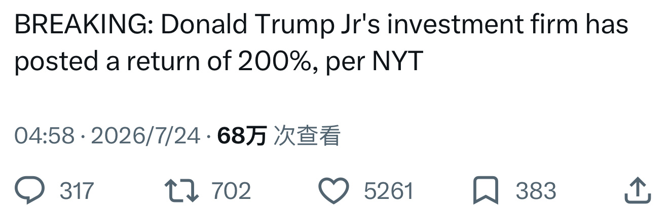 据《纽约时报》报道，唐纳德·特朗普 Jr. 的投资公司公布了 200% 的回报率