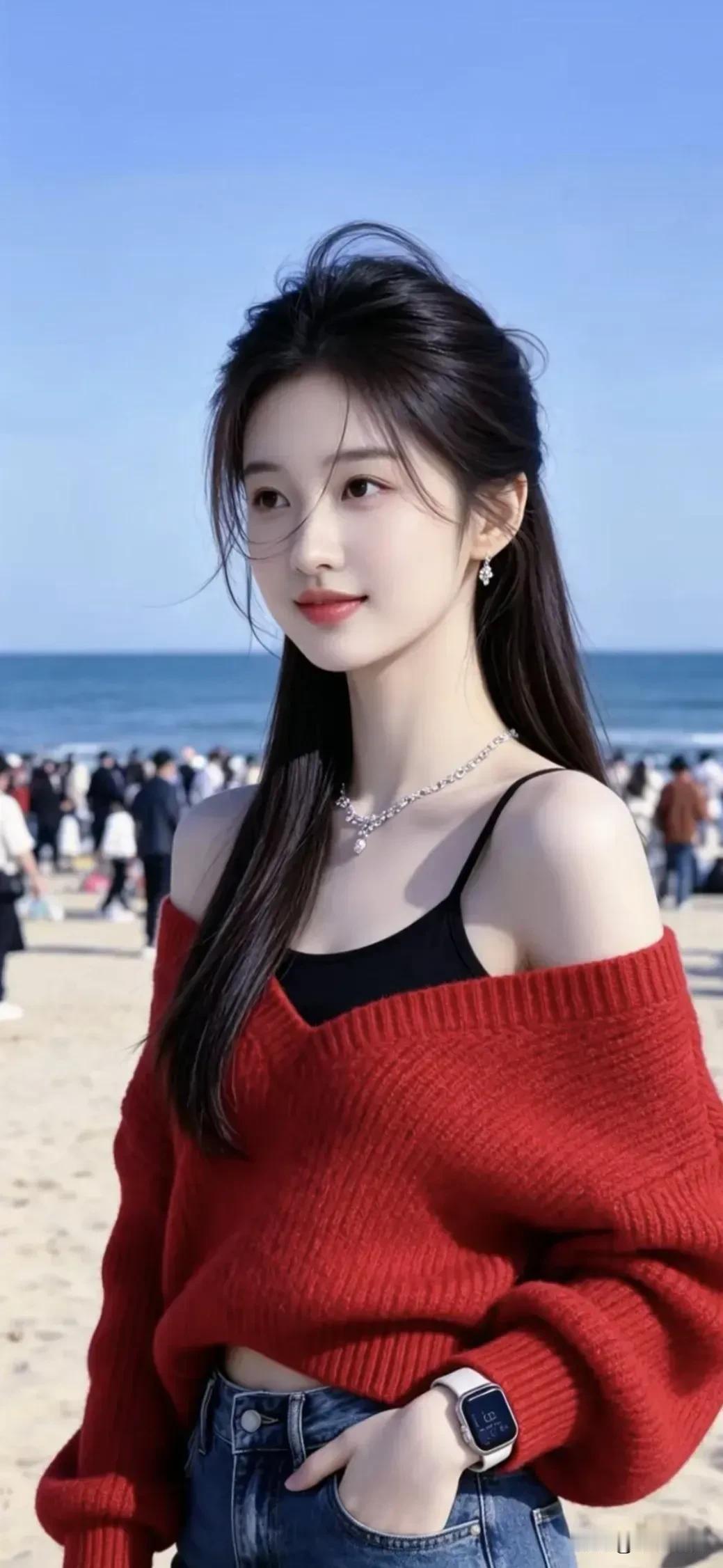 热烈红与澄澈海相撞，是海边独有的明媚✨
美女穿搭照 海滩美女装