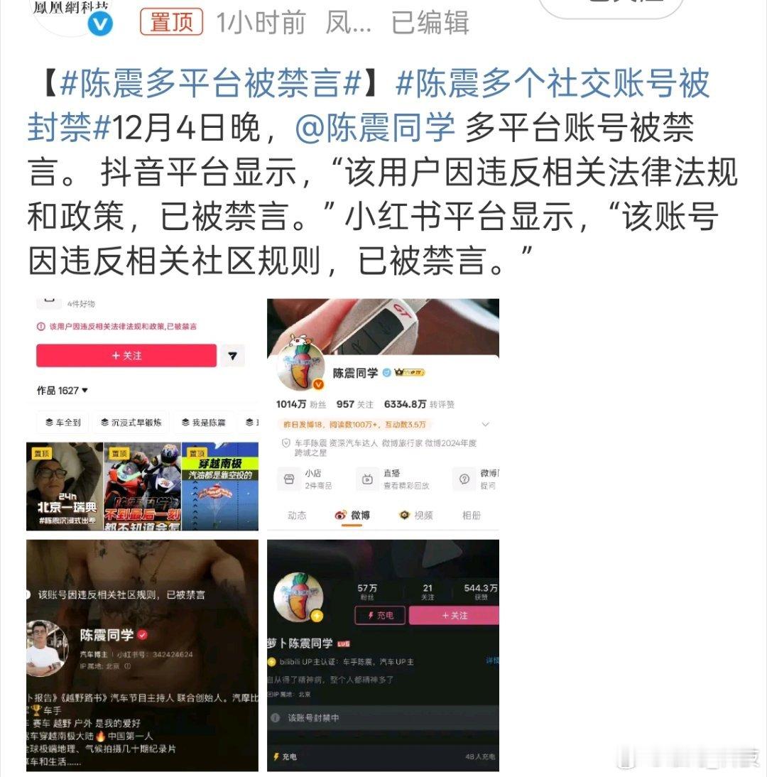 陈震被禁言 什么情况？ 而且是多个平台禁言。 