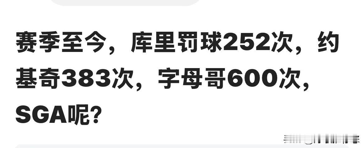 本赛季至今，超巨获得罚球次数：

库里252次

约基奇383次

塔图姆394