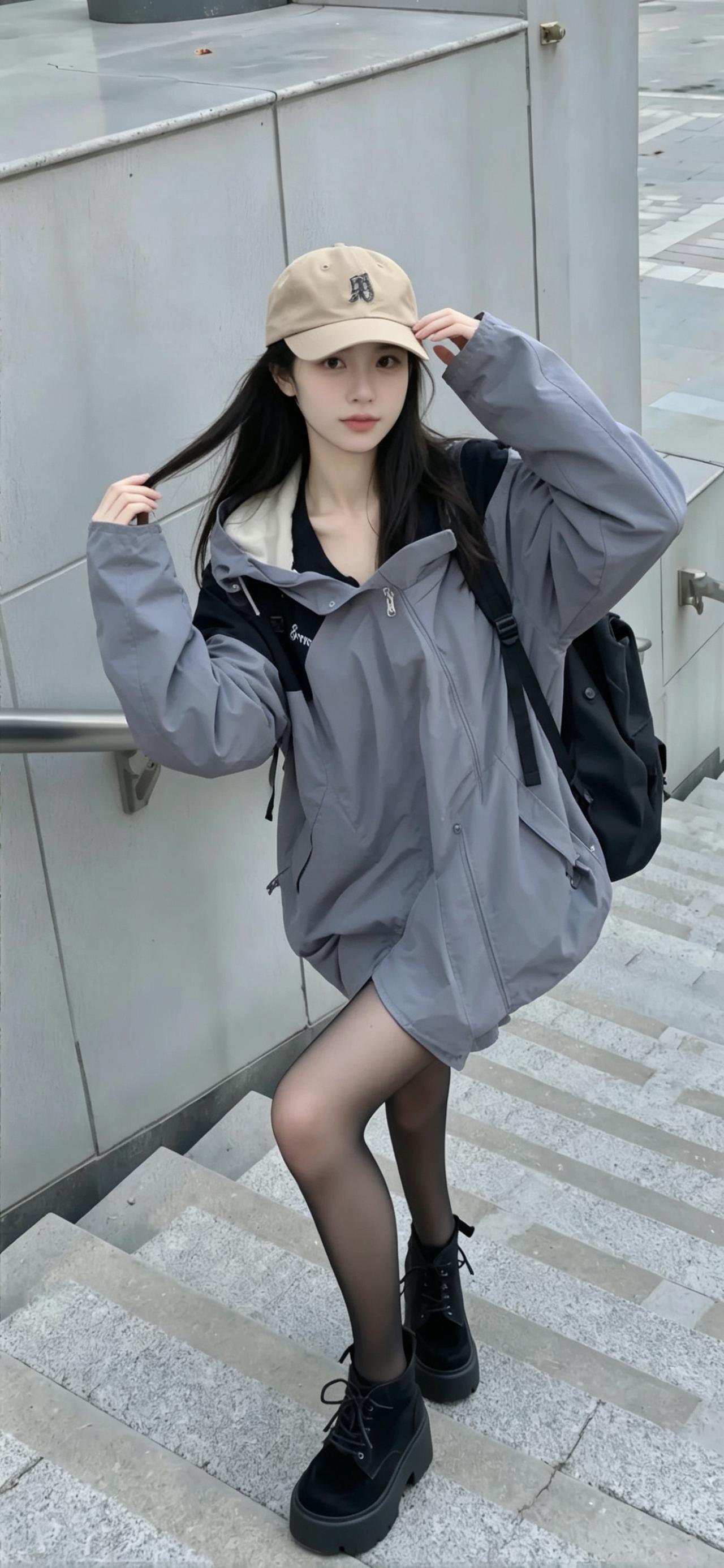 甜酷穿搭｜灰黑撞色的街头纯欲
水泥灰台阶作背景，灰黑拼色冲锋衣自带松弛感，宽松版