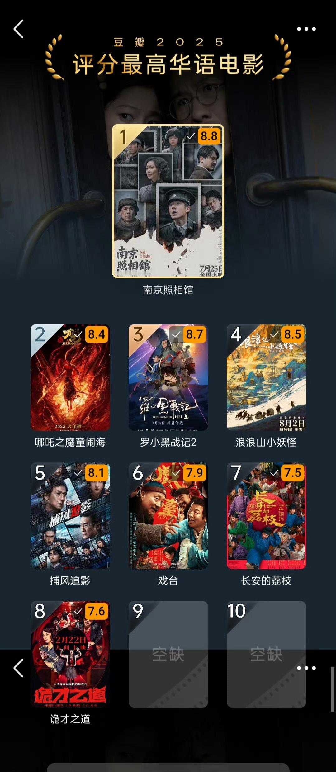 豆瓣2025年度电影榜单评分最高的华语电影1.《南京照相馆》 8.82.《哪吒之