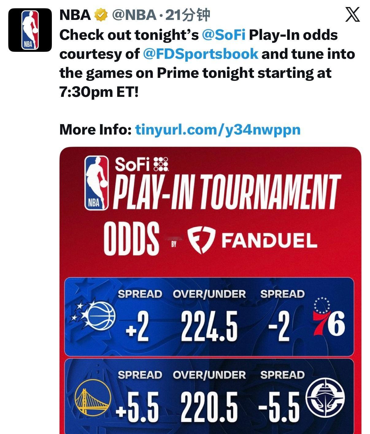 NBA官方发布今日两场比赛盘口，76人让2分，快船让5.5分，你懂的😏NBA