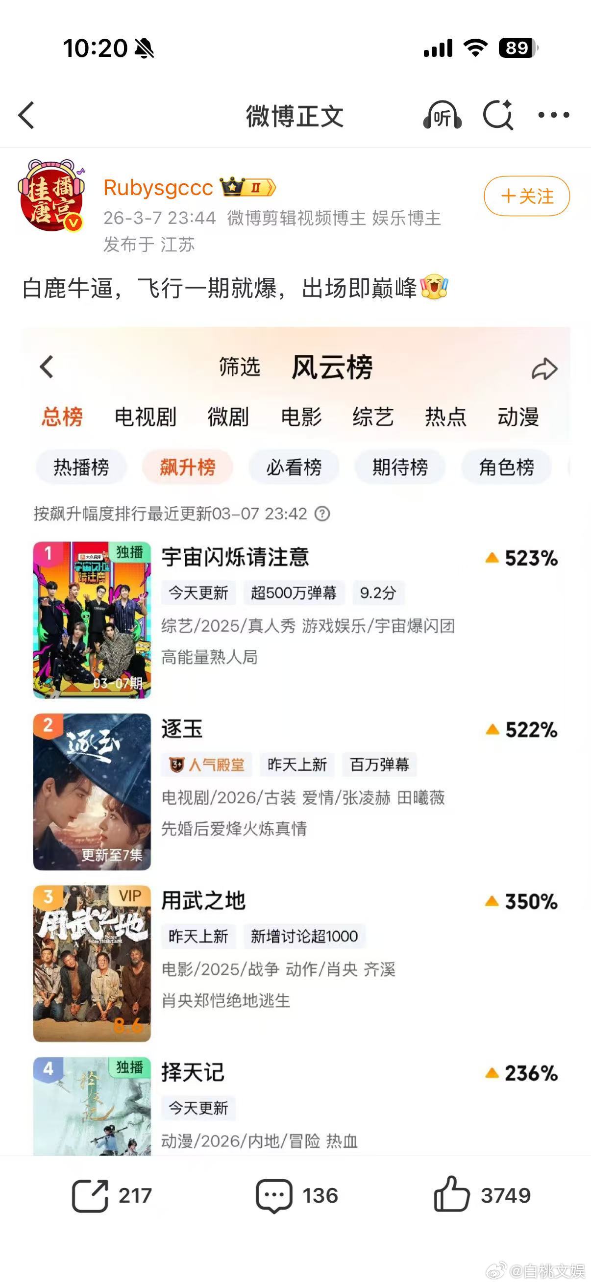 白鹿这期宇闪热度登顶白鹿飞行一期就爆 飞行一期就把节目带到热度登顶，白鹿这综艺成