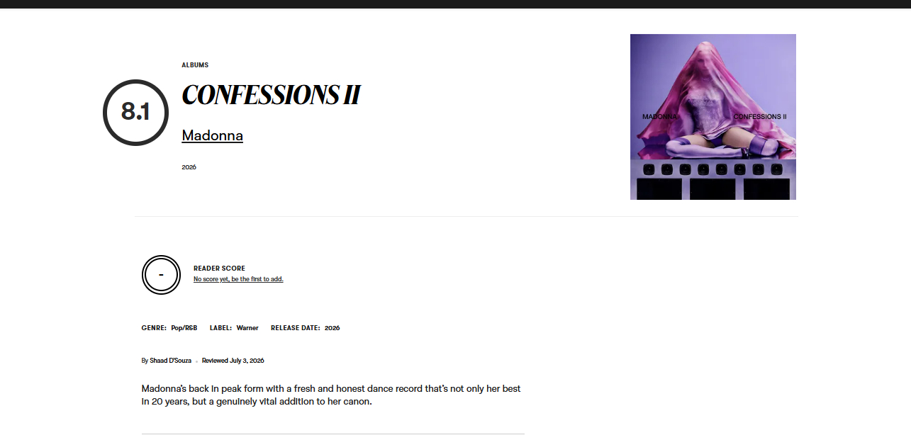 Pitchfork给Madonna的新专辑《CONFESSIONS II》打了8