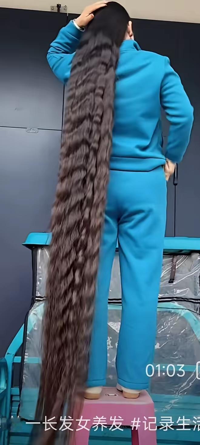 发如瀑布一般
这美女、发神奇、乌黑亮、厚又密！
辫子长、超三米、人发走、要挽起；