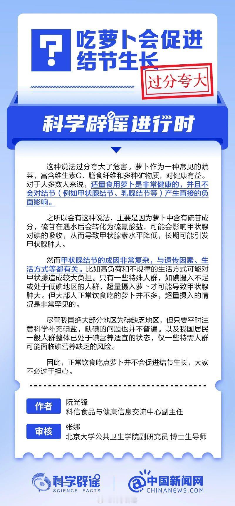 科学辟谣进行时  【吃萝卜会促进结节生长？过分夸大】对于大多数人来说，适量食用萝