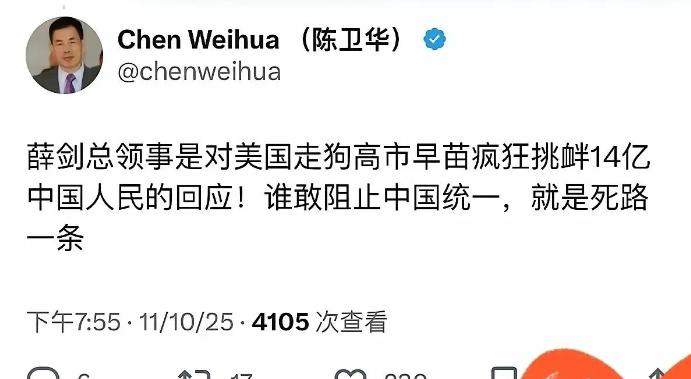 “斩首”说继续引爆！中国日报欧盟分社社长陈卫华表示，薛剑总领事是对美国走狗高市早
