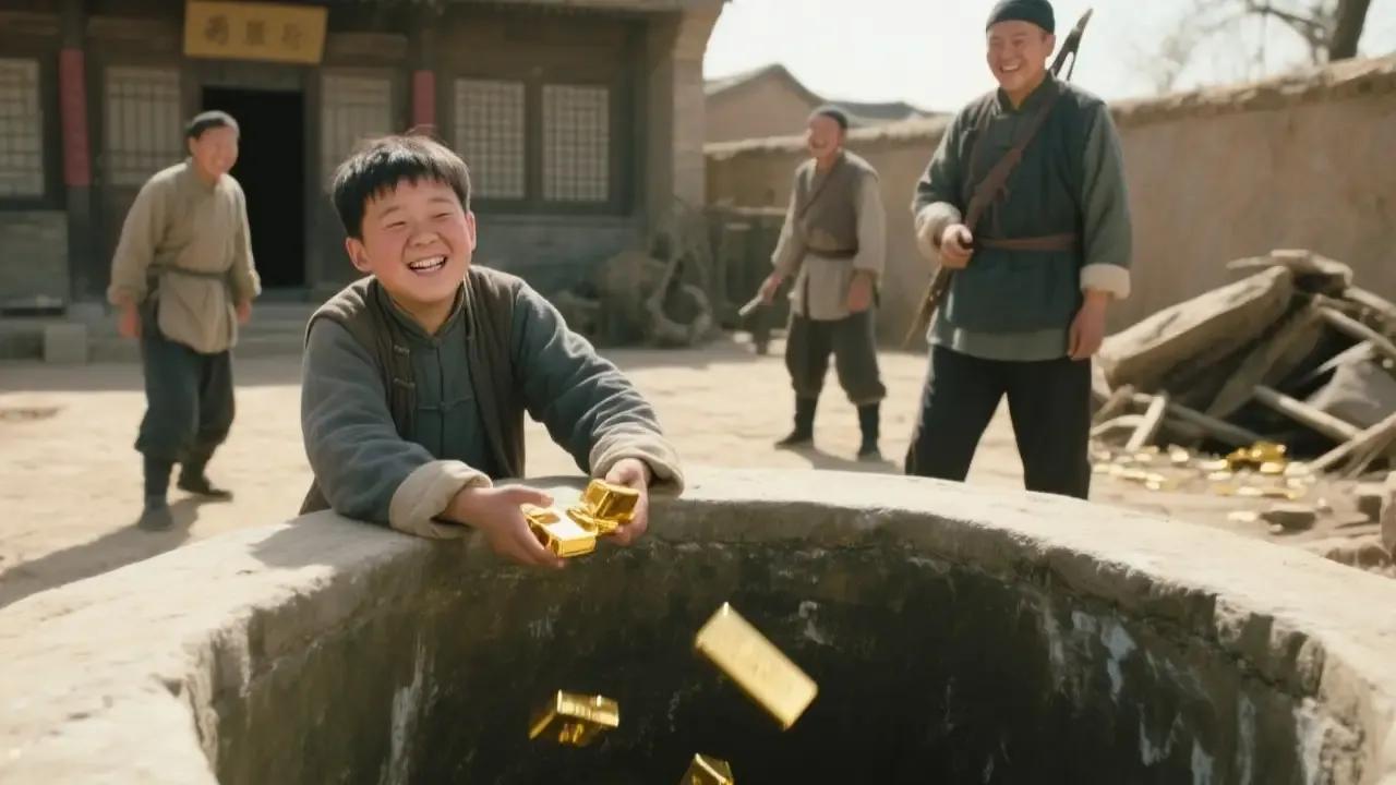 地主家傻儿子每天往井里扔金条，长工们笑他败家，土匪进村那天把家抄空了，傻儿子指着