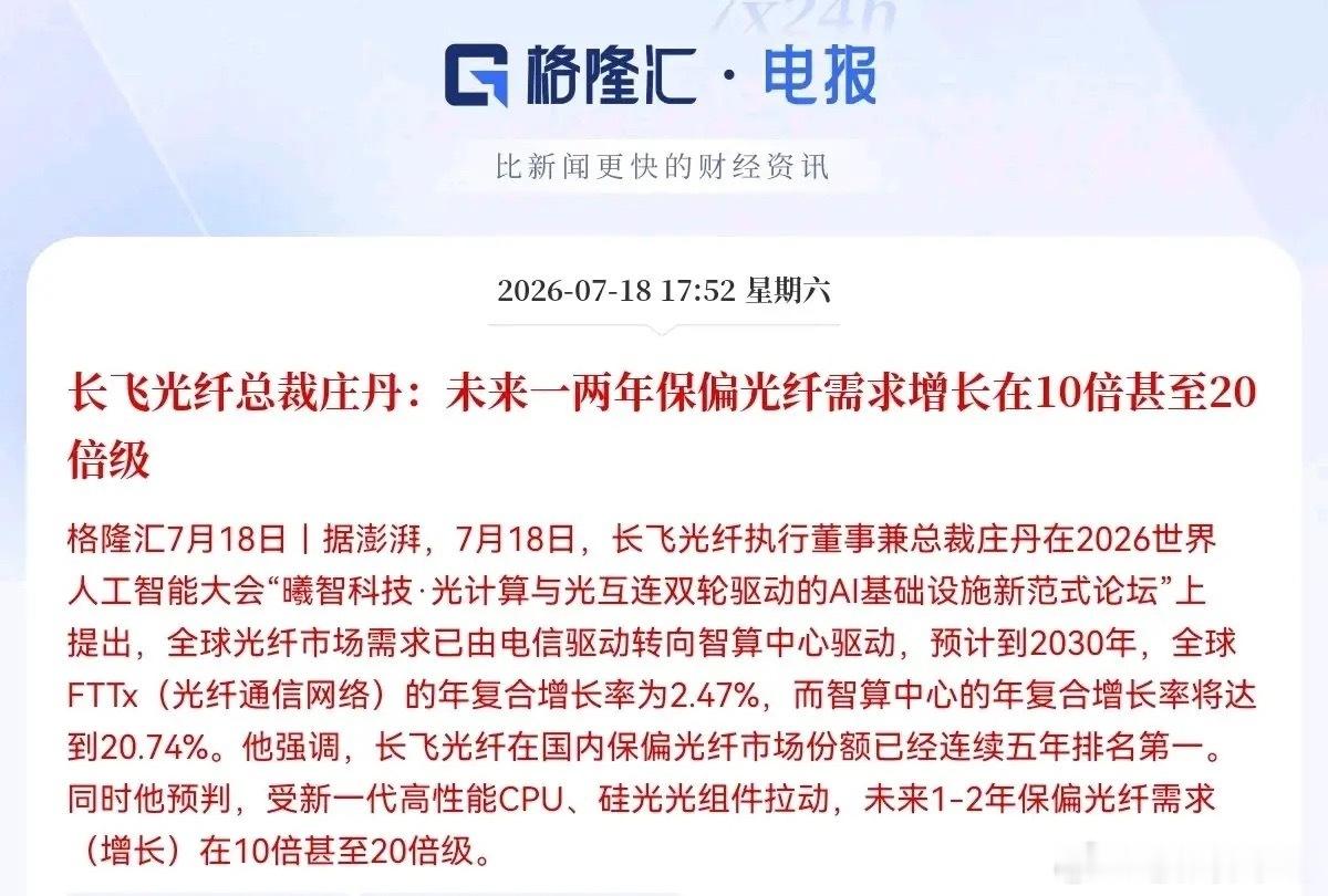周末重磅利好整理：长飞光纤发声，保偏光纤需求10-20倍爆发，光通信迎新主线一、