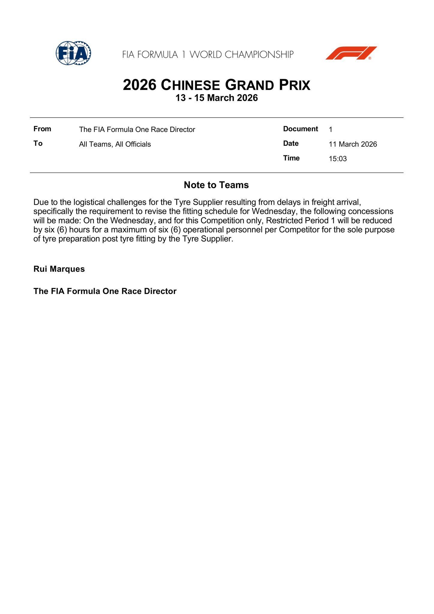 由于倍耐力受中东冲突影响，在运输方面出现延误，FIA决定允许各车队在规定宵禁时间
