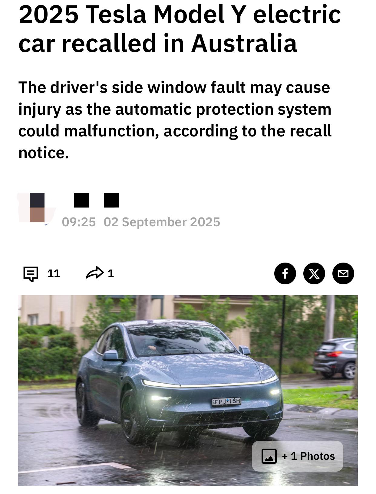 特斯拉Tesla Model Y召回 Model Y 特斯拉故障 

特斯拉近日