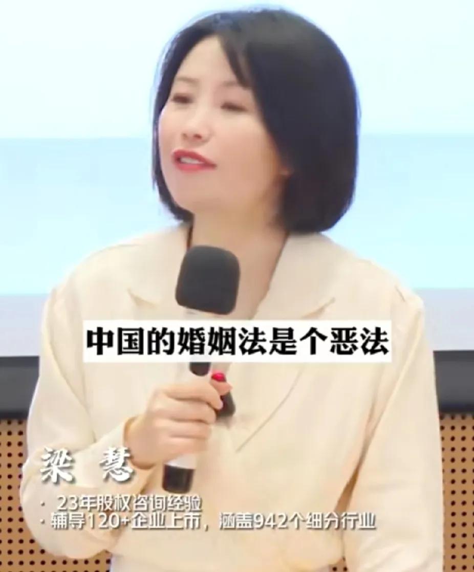 梁慧说：“中国的《婚姻法》是恶法，全职妈妈离婚是没有补偿的，而且赡养费只给孩子，