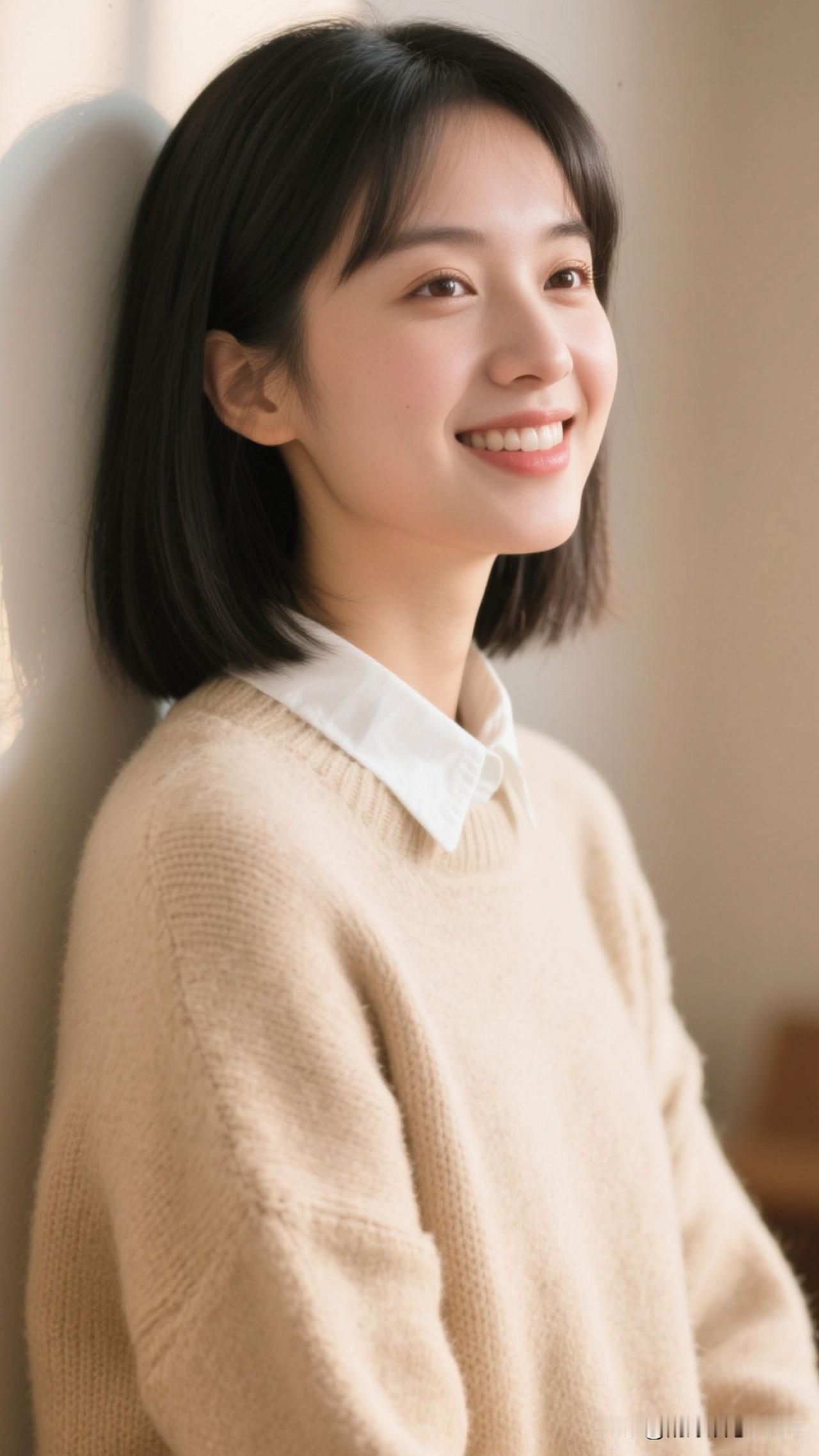 ☀️ 米白毛衣盛着晴日的暖，白衬衫领裁下云的边，笑意漫开时，整个春天都住进了眼眸