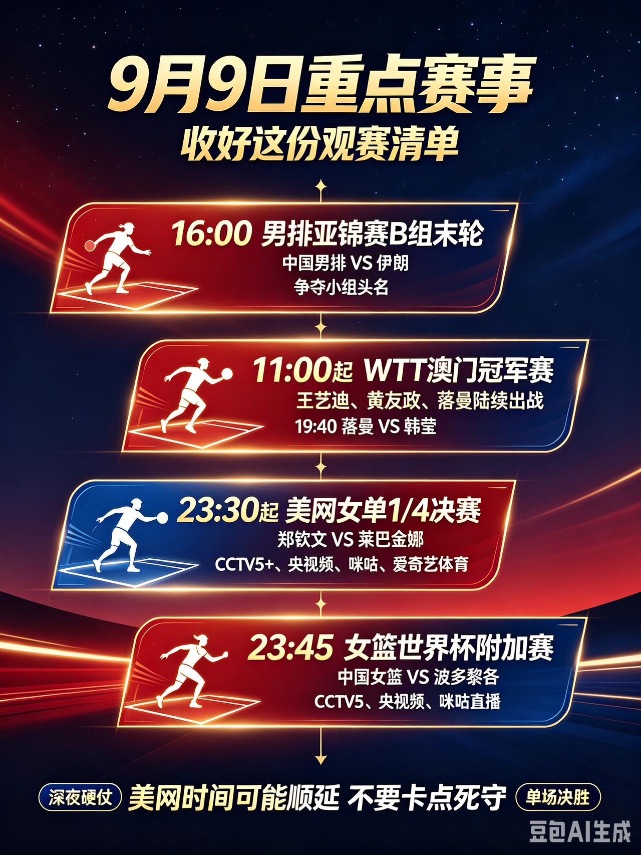 9月9日重点赛事一览！多场焦点大战，部分需要熬夜！
 明天赛事密集，乒乓球、排球