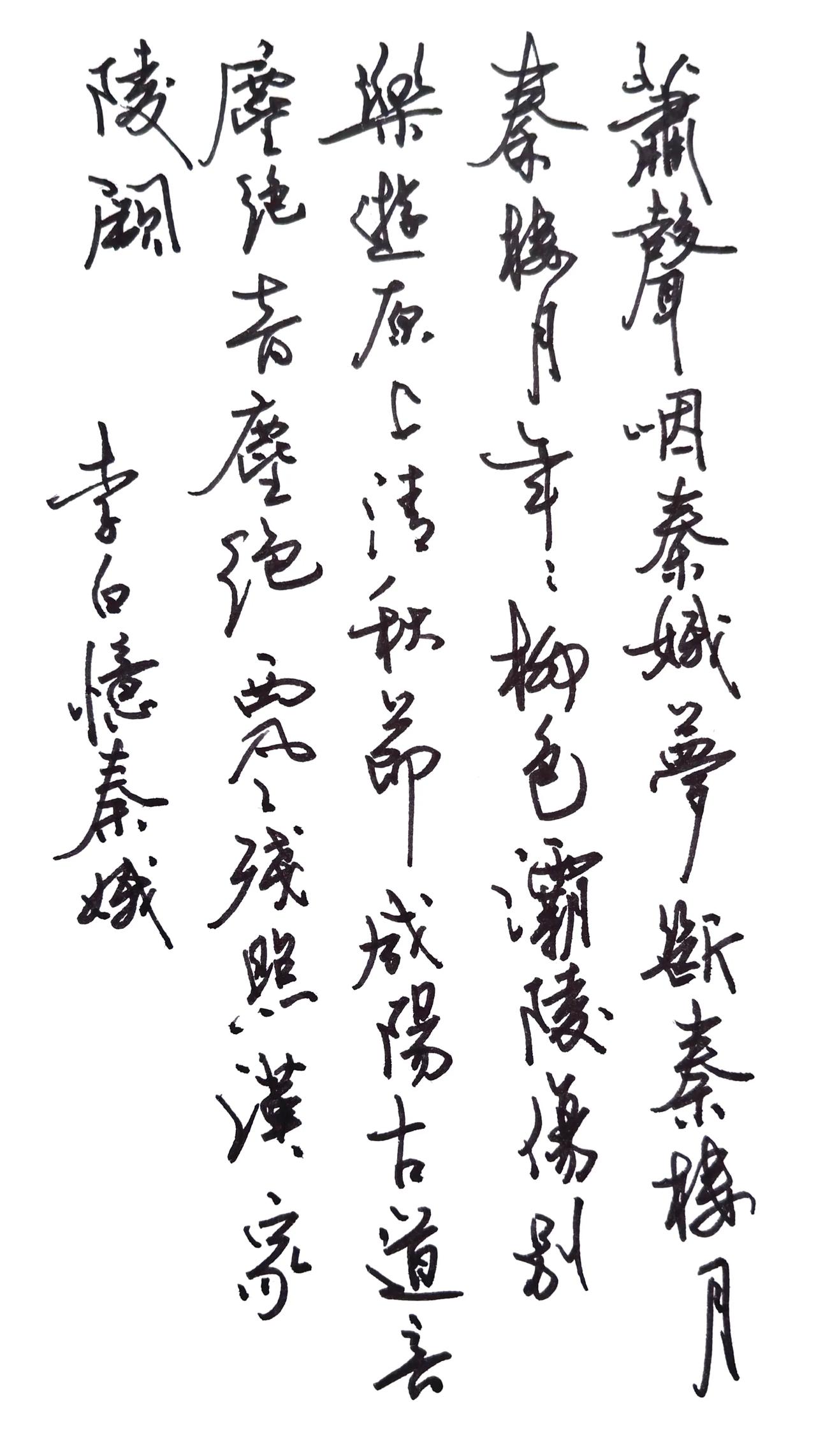 钢笔书写，笔势连绵奔放，线条劲挺流畅，字组大小错落，苍茫的笔感贴合《忆秦娥》雄浑